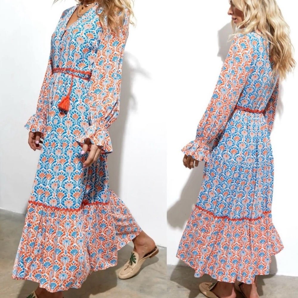 Blue & Orange Printed Maxi Dress with Tassel Tie